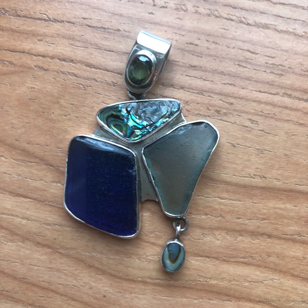 Silver Pendant w/ Abalone and Sea Glass